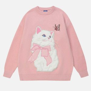 chic cat embroidery sweater youthful & trendy appeal 2623