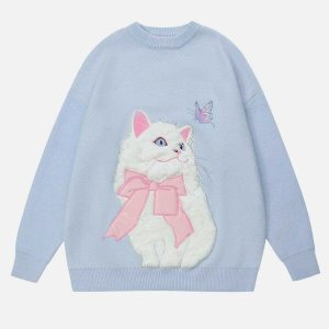 chic cat embroidery sweater youthful & trendy appeal 5193