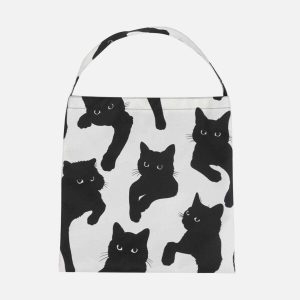 chic cat print canvas bag   youthful shoulder style 4096