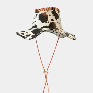 chic cow print pu hat   sleek drawstring design 3021