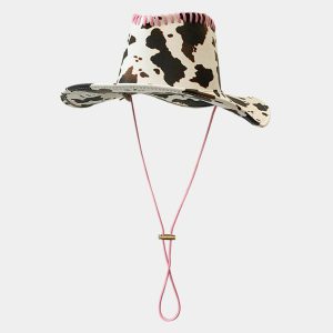 chic cow print pu hat   sleek drawstring design 4658