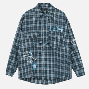 chic detachable plaid shirt embroidered & versatile 5602