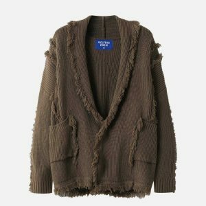 chic fringe lapel cardigan   youthful urban appeal 1781