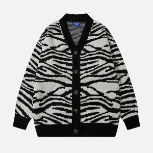 chic zebra pattern cardigan   youthful urban appeal 7480