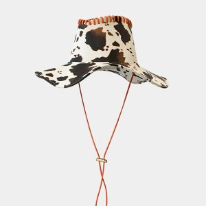 cow print hat in pu leather dynamic drawstring design 5299