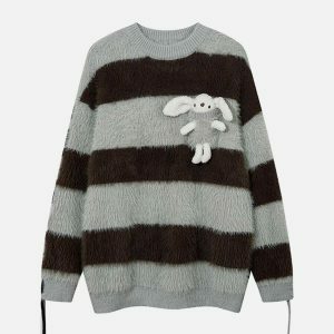 cute rabbit stripe sweater   chic mohair drawstring design 2443