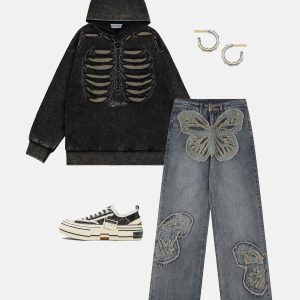 distressed skeleton hoodie edgy & youthful streetwear 7609