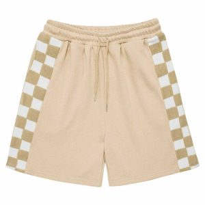 dynamic checkerboard spliced shorts   youthful streetwear 2099