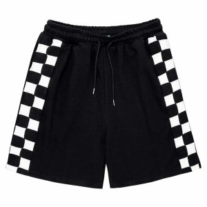 dynamic checkerboard spliced shorts   youthful streetwear 3926