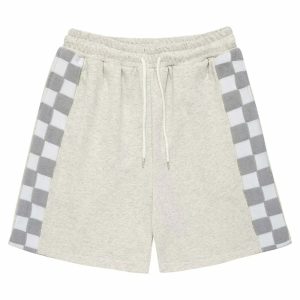 dynamic checkerboard spliced shorts   youthful streetwear 8093