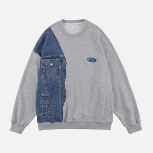 dynamic denim patchwork sweatshirt with front pocket 5141