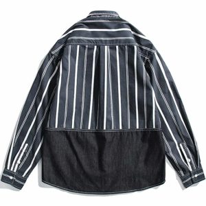 dynamic stripe spliced denim shirt youthful long sleeve 7779