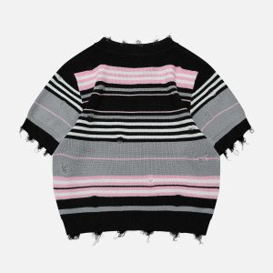 dynamic striped raw edge tee youthful urban style 3655