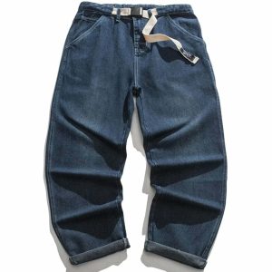 dynamic webbing denim pants   youthful streetwear icon 8629