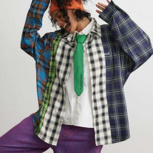 eclectic plaid patchwork shirt longsleeved & youthful 7027