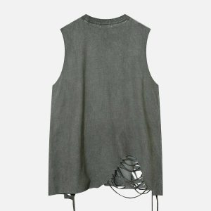 edgy broken holes vest washed look urban appeal 3332