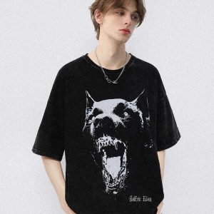 edgy cerberus graphic tee washed look youthful style 7040