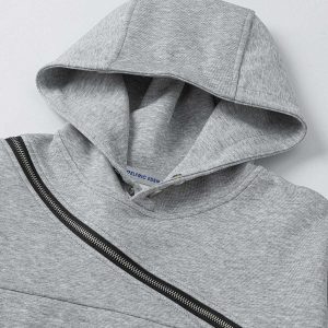 edgy curved zip up hoodie split design youthful appeal 2474