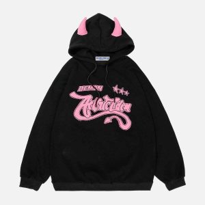 edgy demon horn hoodie zip up youthful streetwear 4714