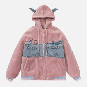 edgy devil horn sherpa coat with denim panels 2861