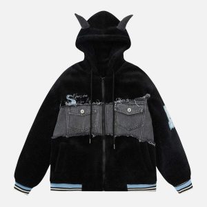 edgy devil horn sherpa coat with denim panels 6574