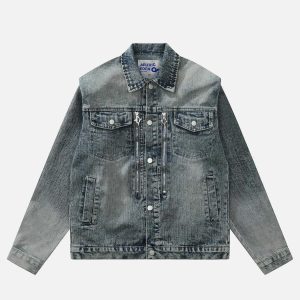 edgy multi pocket denim jacket washed & urban chic 2221