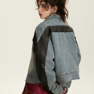 edgy patchwork denim racing jacket 2047