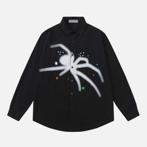 edgy rhinestone spider shirt   chic long sleeve design 5990