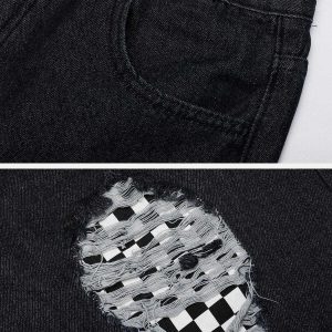 edgy shredded checkerboard shorts youthful streetwear staple 4506