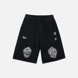 edgy shredded checkerboard shorts youthful streetwear staple 4698