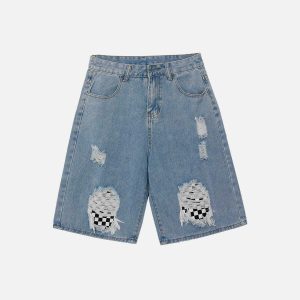 edgy shredded checkerboard shorts youthful streetwear staple 8420