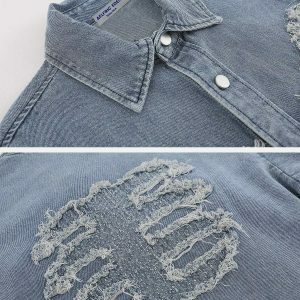 edgy skeleton applique denim shirt youthful urban style 2609