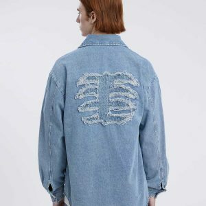 edgy skeleton applique denim shirt youthful urban style 4822