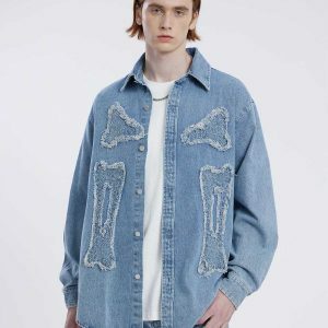 edgy skeleton applique denim shirt youthful urban style 5062