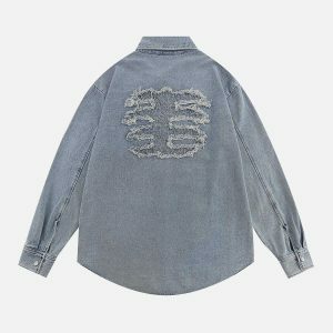 edgy skeleton applique denim shirt youthful urban style 7205