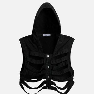 edgy skeleton hooded denim vest 4554