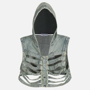 edgy skeleton hooded denim vest 5173