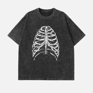 edgy skeleton print tee washed design youthful vibe 2968