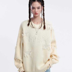 edgy star distressed sweater with fringe youthful appeal 8498