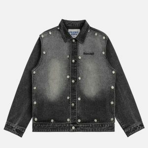 edgy washed rivet denim jacket   youthful urban appeal 1388