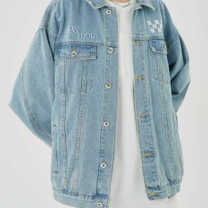 embroidered checkerboard jacket   chic denim urban classic 2508