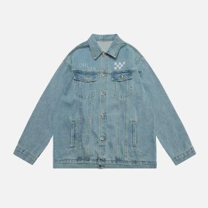 embroidered checkerboard jacket   chic denim urban classic 7073