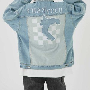 embroidered checkerboard jacket   chic denim urban classic 8334