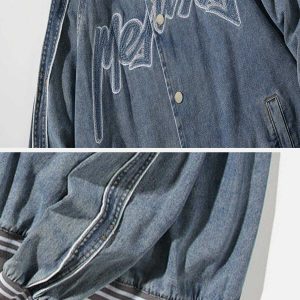 embroidered denim varsity jacket   chic urban classic 2390