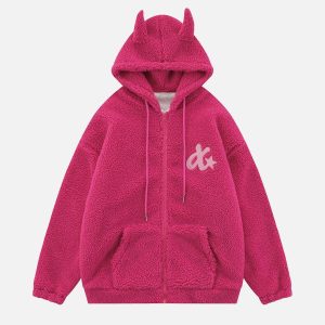 embroidered devil horns hoodie   chic sherpa coat 6543