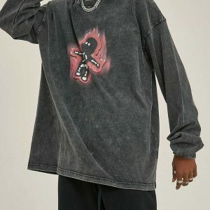 flame skeleton washed sweatshirt   edgy streetwear essential 1741