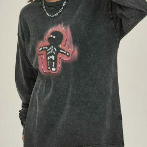 flame skeleton washed sweatshirt   edgy streetwear essential 8927