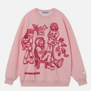 iconic cartoon print sweatshirt   youthful urban style 4212