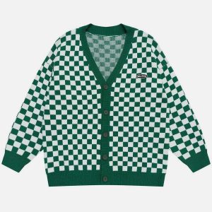 iconic checkerboard cardigan youthful & dynamic style 3591