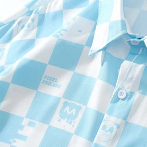 iconic checkerboard cartoon shirt youthful short sleeve design 7724